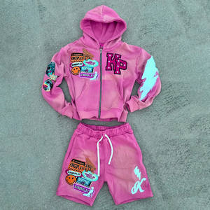 Ensemble de survêtement streetwear deux pièces pour homme, veste d'été et short, avec broderie effet usé et délavé soleil, sweat à capuche zippé - Product Image 6