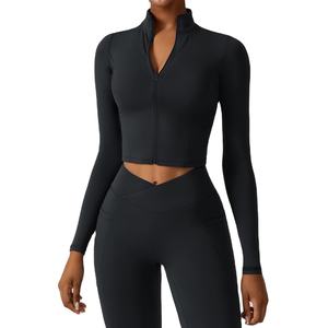 Women's <b>Cropped</b> Stand Collar Yoga Jacket Slim Fit Workout <b>Zip</b> <b>Up</b> with Windproof Panels Breathable Running Cover for Outdoor - Product Image 3