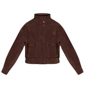 Blouson bomber court unisexe en suède et laine, col en V, fermeture éclair, poches plaquées, style streetwear décontracté et élégant, couleur chocolat amer - Product Image 1