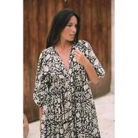 Robe longue Kyra élégante et moderne de qualité supérieure, motif floral Sumac, 100 % coton, col en V, manches bouffantes, respirante pour femme