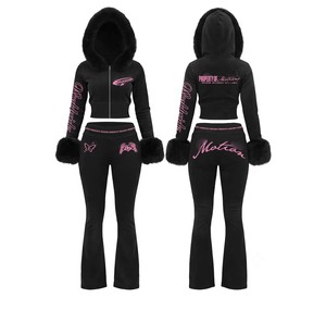 Oem/odm New Trending Vintage Acid Wash Sweatsuit Custom Print Streetwear <b>Zip</b> <b>up</b> Jacket Tracskuit <b>Crop</b> pink Hoodie Set for Women - Product Image 4