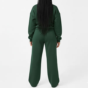 Conjunto Deportivo de Dos Piezas para Mujer, Talla Grande, Verde Sólido, Sudadera con Capucha y Bolsillos, Pantalones Deportivos Casuales de Invierno, Corte Regular - Product Image 2