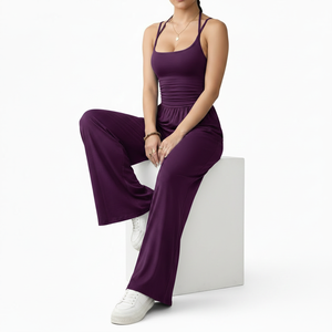 Combinaison décontractée pour femme à bretelles fines, coupe droite, sans manches, longueur intégrale, en polyester et élasthanne, idéale pour le sport - Product Image 3