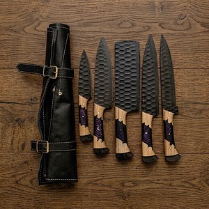 Ensemble de couteaux de cuisine professionnels en acier inoxydable, revêtement poudré, fabrication artisanale, manche en bois et résine, fabricant direct, OEM - Product Image 3
