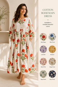 Vestido Largo de Fiesta Boho para Mujer, Estampado a Mano, de Algodón, con Mangas Abullonadas, Cuello con Lazo, Ecológico, Transpirable, Talla XS, Color Rojo Floral - Product Image 3