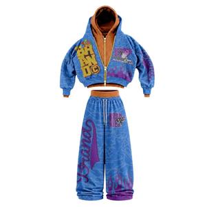 Conjunto Deportivo con Capucha para Hombre, Estampado Azul y Morado, Estilo Urbano, Poliéster y Algodón, FRENCH TERRY, Ropa de Otoño - Product Image 1