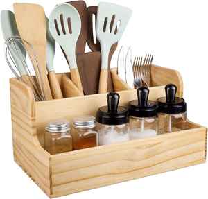 Support en bois pour ustensiles de cuisine avec pots à épices, organisateur de couverts, boîte de rangement pour cuillères, fourchettes et couteaux, organisateur d'outils de cuisine pour comptoir - Product Image 1