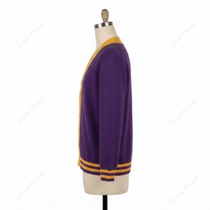 Custom Chenille Letterman College <b>Cardigan</b> V-Neck Knit Varsity Sweater with Chest Embroidery and Striped Ribbed Trim - Product Image 3