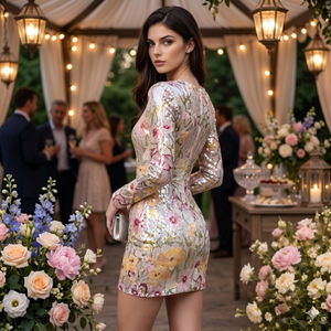 Vestido Mini Ajustado con Estampado Floral para Mujer |   Vestido de cóctel de manga larga para fiesta, ajustado, estilo occidental, corto, elegante y moderno - Product Image 3