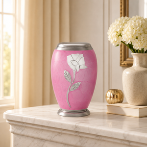 Handcrafted Pink Floral Cremation Urn for Human Ashes - Elegant Metal <b>Memorial</b> Funeral <b>Keepsake</b> with Silver Rose Engraving - Product Image 2