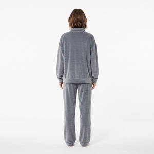 <b>Women's</b> Solid Gray Velvet Tracksuit Set <b>Half</b>-<b>Zip</b> <b>Sweatshirt</b> Elastic Waist Loose Fit Pants Winter Loungewear Casual Wear - Product Image 6