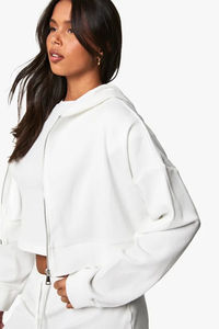 Conjunto de Sudadera con Capucha y Pantalones Cortos de Algodón para Mujer, Personalizable, con Cierre, Estilo Desgastado, Lavado Ácido - Product Image 4