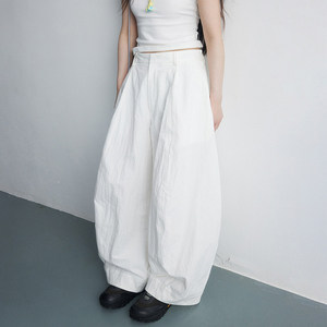White Women's Loose Wide Leg Harem Pants High <b>Waist</b> Full Length Cotton Casual Summer <b>Trousers</b> Pockets <b>Elastic</b> <b>Waist</b> Breathable - Product Image 1