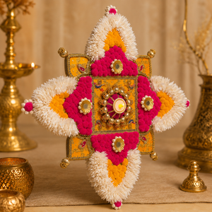 Décoration artisanale Diwali Rangoli avec fleurs pompon, travail miroir et support pour Diya pour la décoration de la maison en période des fêtes - Product Image 1
