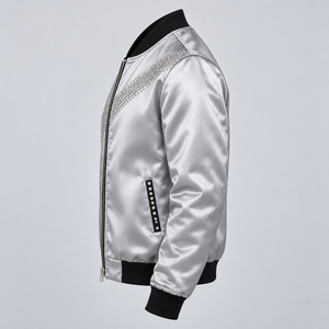 Chaqueta de satén con cremallera y pedrería para hombre, con detalles de diamantes brillantes, suave y lisa, estilo bomber, moderna, para fiestas, informal. - Product Image 4