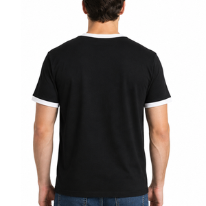 Camiseta Ringer para Hombre con Logotipo Personalizado, Cuello Redondo Acanalado con Ribete en Contraste, Manga Corta, Color Negro Liso - Product Image 4