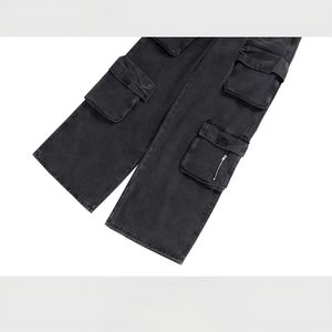 Vaqueros Cargo Holgados Negros Lavados Personalizados de Cintura Alta con Remaches, Pierna Ancha, Múltiples Bolsillos, Transpirables, Estilo Urbano Y2K para Invierno - Product Image 2