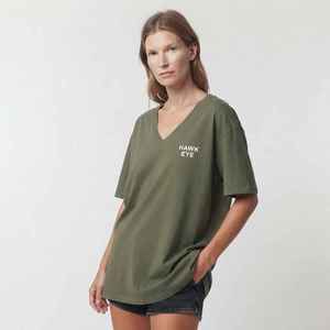 Hawk Eye Women's Olive Green <b>V</b>-<b>Neck</b> <b>T</b>-<b>Shirt</b> Short Sleeve 100% Cotton Casual Loose Fit Jersey Print Logo Top - Product Image 1