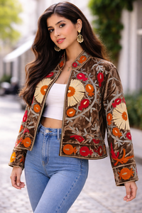 Elegante Chaqueta Bomber Sujani para Mujer, Reversible, Acolchada, Transpirable, Ecológica, de Terciopelo de Algodón Bordado Marrón, Tejido de Punto - Product Image 2