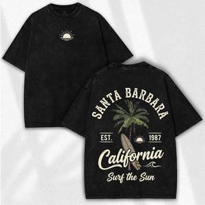 Santa Barbara California Surf The Sun T-shirt noir surdimensionné pour homme à manches courtes col rond imprimé style décontracté - Product Image 1