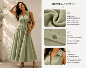 Vestido Midi de Lino y Algodón al por Mayor OEM, Elegante Vestido Camisero sin Mangas con Cuello Mandarín y Botones Delanteros, Transpirable, Moderno para Fiestas - Product Image 4