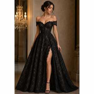 Vestido de Noche de Lujo Negro con Encaje, Escote Corazón, Hombros Descubiertos, Corsé de Diseñador, Largo hasta el Suelo, Elegante para Fiesta Formal o Boda - Product Image 2