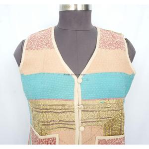 Boho Style Women's Short Vest <b>Kantha</b> <b>jacket</b> handmade Cotton <b>kantha</b> vest <b>Jacket</b> with pockets decorate and v-neckline for women - Product Image 2