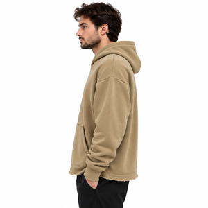 เสื้อฮู้ดดี้โอเวอร์ไซส์สีกากีสำหรับผู้ชาย ผ้าฝ้าย 100% กันยับ น้ำหนัก 400 กรัม ผ้าฟลีซ มีกระเป๋าหน้า สไตล์ลำลอง สตรีทแวร์ รับผลิตแบบ OEM - Product Image 3