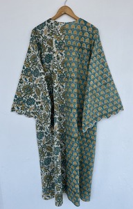 Women Modern Daily Teal Ivory Hand Block Print Cotton Maxi <b>Kaftan</b> Dress Sleeveless Wholesale - Product Image 3