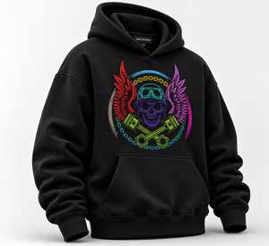 Sudadera con capucha extragrande con gráfico de calavera neón para hombre, estilo gótico con alas de calavera, sudadera con capucha prémium de peso pesado, ropa urbana, sudadera con capucha bordada - Product Image 3