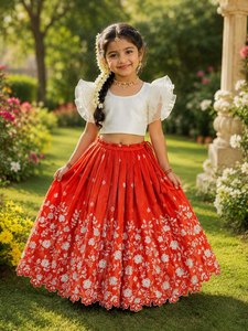 Conjunto de Lehenga Choli de Bollywood para Niñas al por Mayor: Top Corto Blanco con Volantes y Falda de Seda Naranja y Rosa con Estampado Floral Intenso para Fiesta - Product Image 2