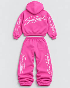 Sam Tactical Pink Hooded Tracksuit Full Length Loose Fit Cotton <b>Sweatshirt</b> and Pants Set with <b>White</b> Logo Print Casual Wear Adult - Product Image 3