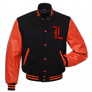 Chaqueta Varsity Unisex Negra con Mangas de Cuero Rojo, Logotipo L Bordado, Cuello Alto, Casual, Otoñal, Resistente al Viento y Transpirable - Product Image 1