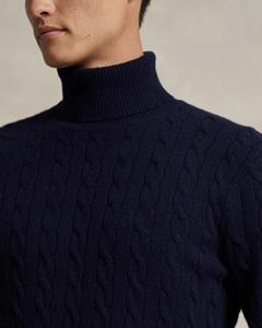 Suéter de cuello alto de punto trenzado azul marino para hombre, grueso, de color sólido, manga larga, jersey de invierno - Product Image 3