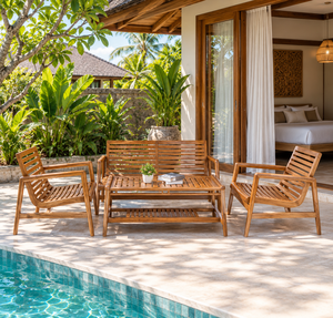 Teak Wood Weather Resistant 2-Seater Garden Set <b>Outdoor</b> Patio Furniture Slatted <b>Bench</b> Chair <b>Table</b> Modern Villa Balcony Seating - Product Image 2