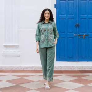 Green Linen Cotton Embroidered Floral Shirt and <b>Trousers</b> Set with Turn-<b>down</b> Collar Three Quarter Sleeve Casual Wear for Women - Product Image 1