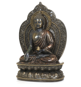 Vente en gros : Sculpture de Bouddha de la Guérison assis en résine, avec halo sculpté au dos, finition métallique antique, pour la décoration de table et d'intérieur - Product Image 4