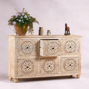 Carved Wood Living Room Cabinet Rustic White <b>Storage</b> Sideboard <b>Tall</b> Dresser Farmhouse Console Furniture - Product Image 3