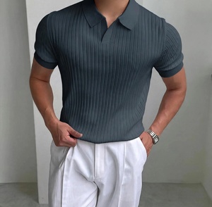Old Money Men's Black Knitted <b>Waffle</b> Fabric for <b>Shirt</b> Short Sleeve Solid Color Smart Casual Breathable Back Neck Logo Turn From - Product Image 2