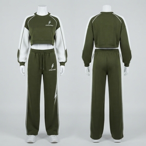 Women's Olive Green <b>White</b> Color Block <b>Cropped</b> <b>Sweatshirt</b> Wide Leg Tracksuit Set Casual Streetwear Sportswear Custom Private - Product Image 2