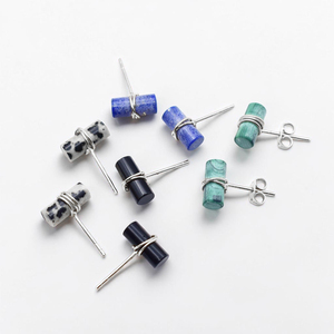 Lapis Lazuli Cylinder <b>Stud</b> <b>Earrings</b> Silver Plated Brass Natural Gemstone Minimalist Cabochon Bar <b>Earrings</b> Wholesale - Product Image 4