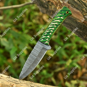 Couteau de chasse et de camping à lame fixe en acier Damas, manche en bois Pakka, étui en cuir, vente en gros, personnalisable, couteau à pointe tombante - Product Image 2