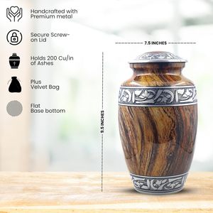 <b>Large</b> Cremation <b>Urn</b> for Human Ashes Adult Handcrafted Aluminium <b>Urn</b> Wood Texture Finish - Product Image 2