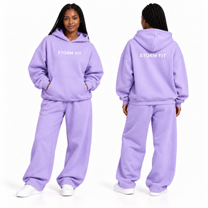 Ensemble sweat à capuche et pantalon en molleton bleu clair pour femme, coupe décontractée, 2 pièces, longueur intégrale, impression de logo personnalisé, toutes saisons - Product Image 3