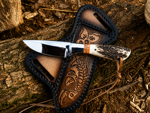 Couteau de cowboy occidental en acier D2 avec étui - Manche en corne de cerf, cadeau de fiançailles, cadeaux pour hommes - Product Image 2