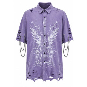Gothic Printed Men's Short Sleeve <b>Shirt</b> With Chains And Ripped Hem Design Turn-Down Collar Casual Summer Style - Product Image 5