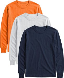 Camiseta de Punto Personalizada para Hombre 2026, Manga Larga, Cuello Redondo, Color Sólido, Corte Ajustado, Informal, 100% Algodón, Diseño Liso, Azul Marino, Blanco, Naranja, 220g - Product Image 1