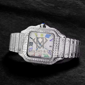 Montre à quartz carrée pour homme Mikdio, acier inoxydable, bracelet automatique de 20 mm, argent, style hip-hop, cadran serti de diamants, chiffres romains, date - Product Image 1