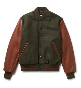 Veste de sport verte pour homme avec manches en cuir marron, col montant, fermeture à boutons, vêtement décontracté pour l'automne - Product Image 2