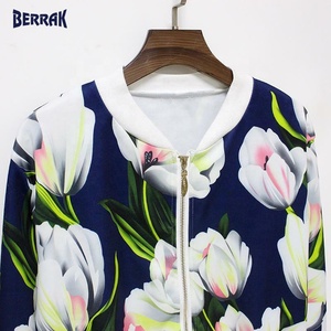 Women Basic Coats Flower Print Long Sleeve Zipper Bomber Warm Jacket Casual Coat - Product Image 2